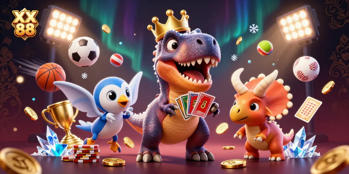 XX 88 players enjoying a dynamic casino scene with T-Rex shuffling cards and colorful sports elements