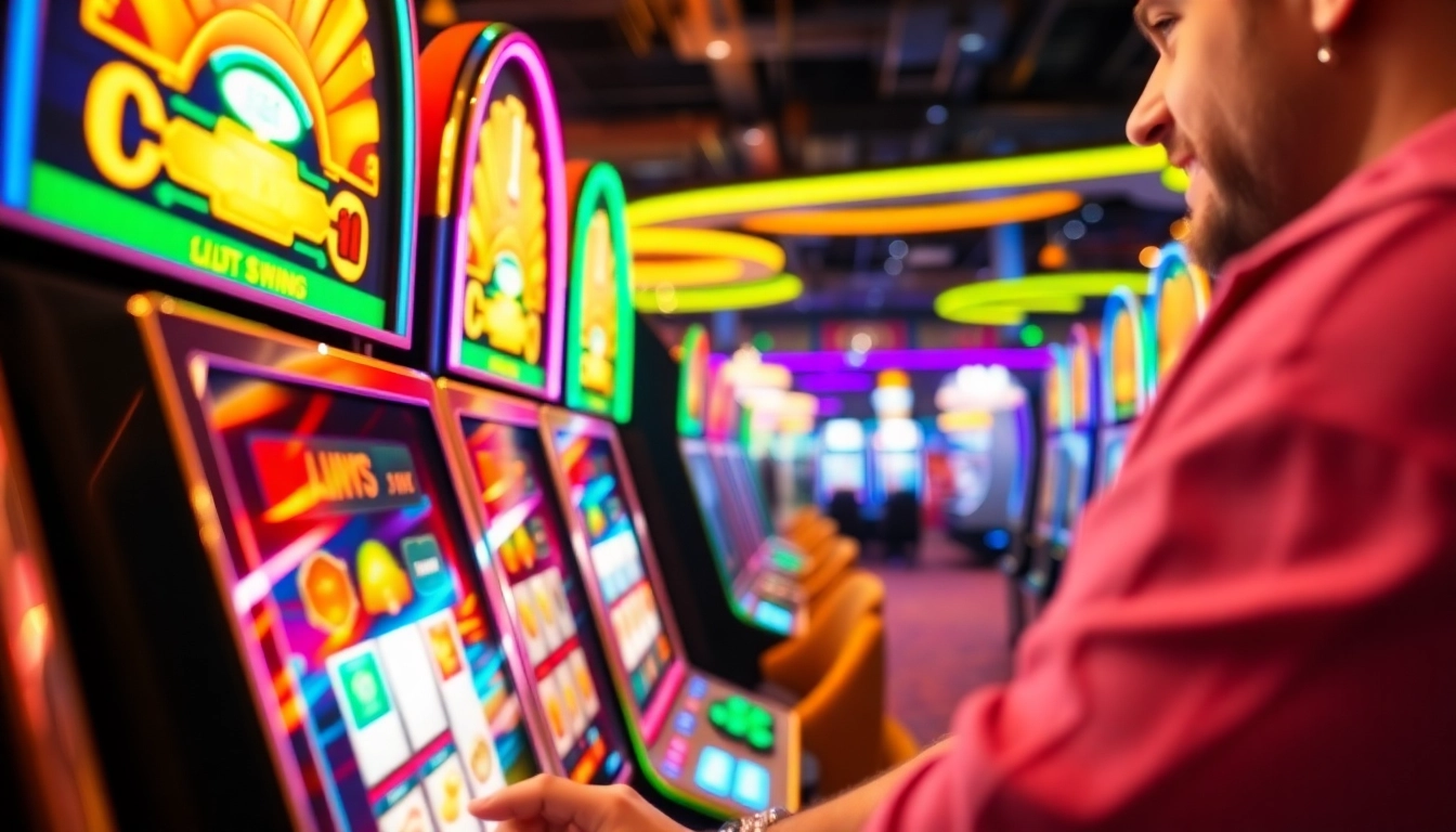 Person enjoying slot gambling at vibrant casino machines, capturing the excitement and thrill.