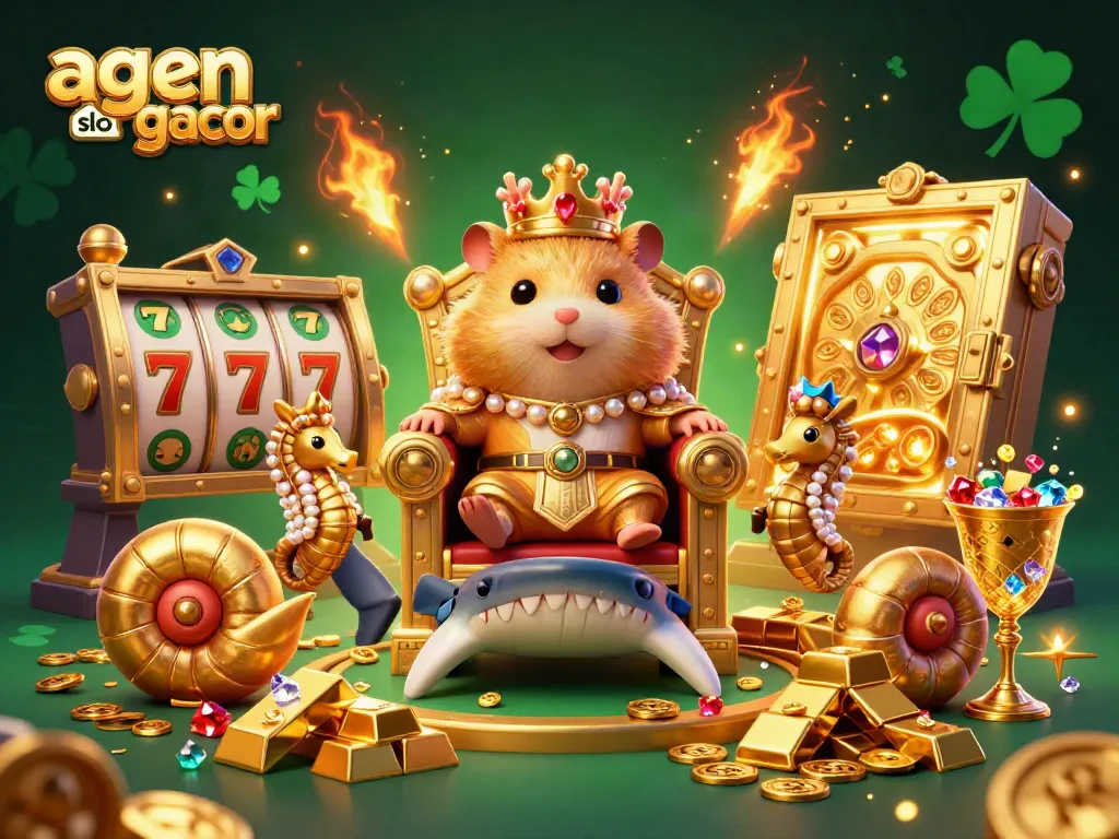 Engage with agen slot gacor experiencing the thrill of a casino adventure featuring a hamster king amidst treasures.