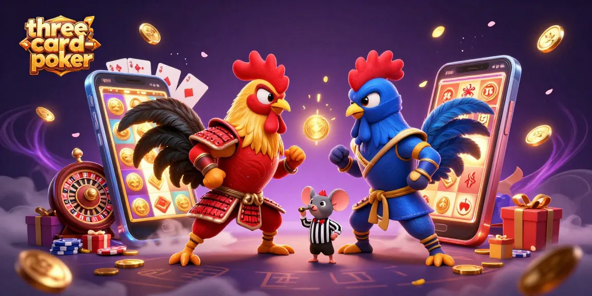 Engage in thrilling three-card-poker action with fighting roosters in dramatic standoff.