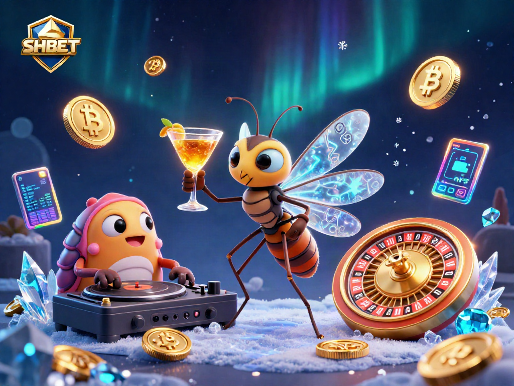 SHBET casino gaming scene with animated characters and vibrant crypto elements.