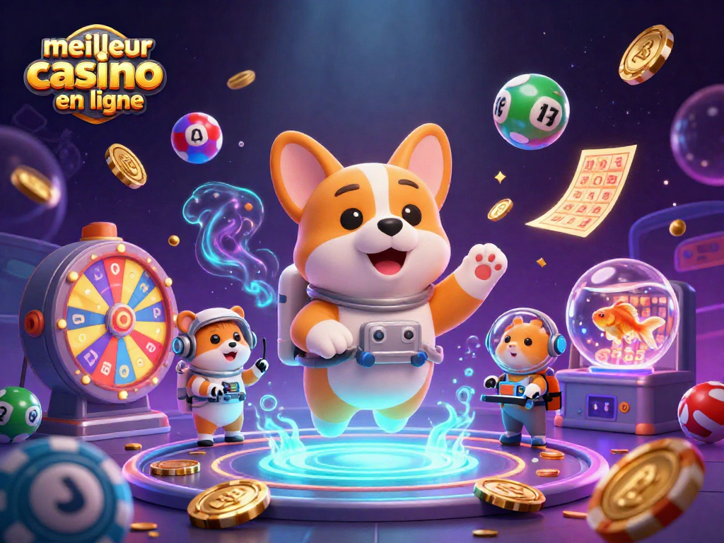 Visualisez l'expérience du meilleur casino en ligne avec un corgi astronaute et une machine à jackpot.