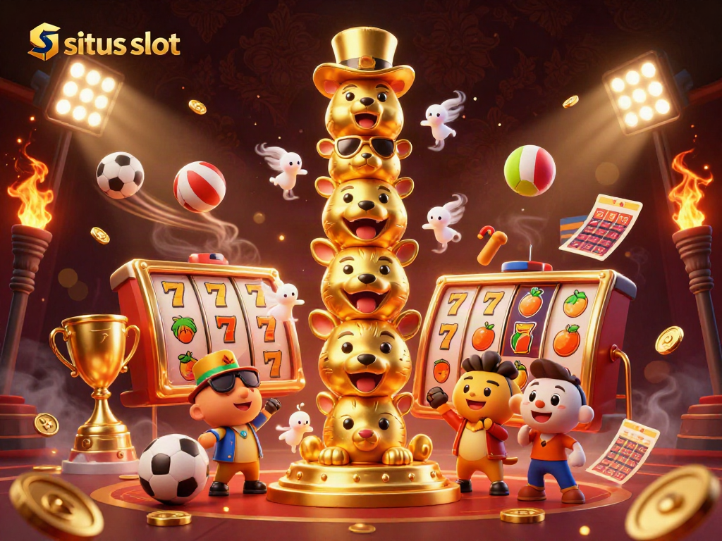 Engaging scene depicting the situs slot experience with a golden totem, charming game elements, and vibrant energy.