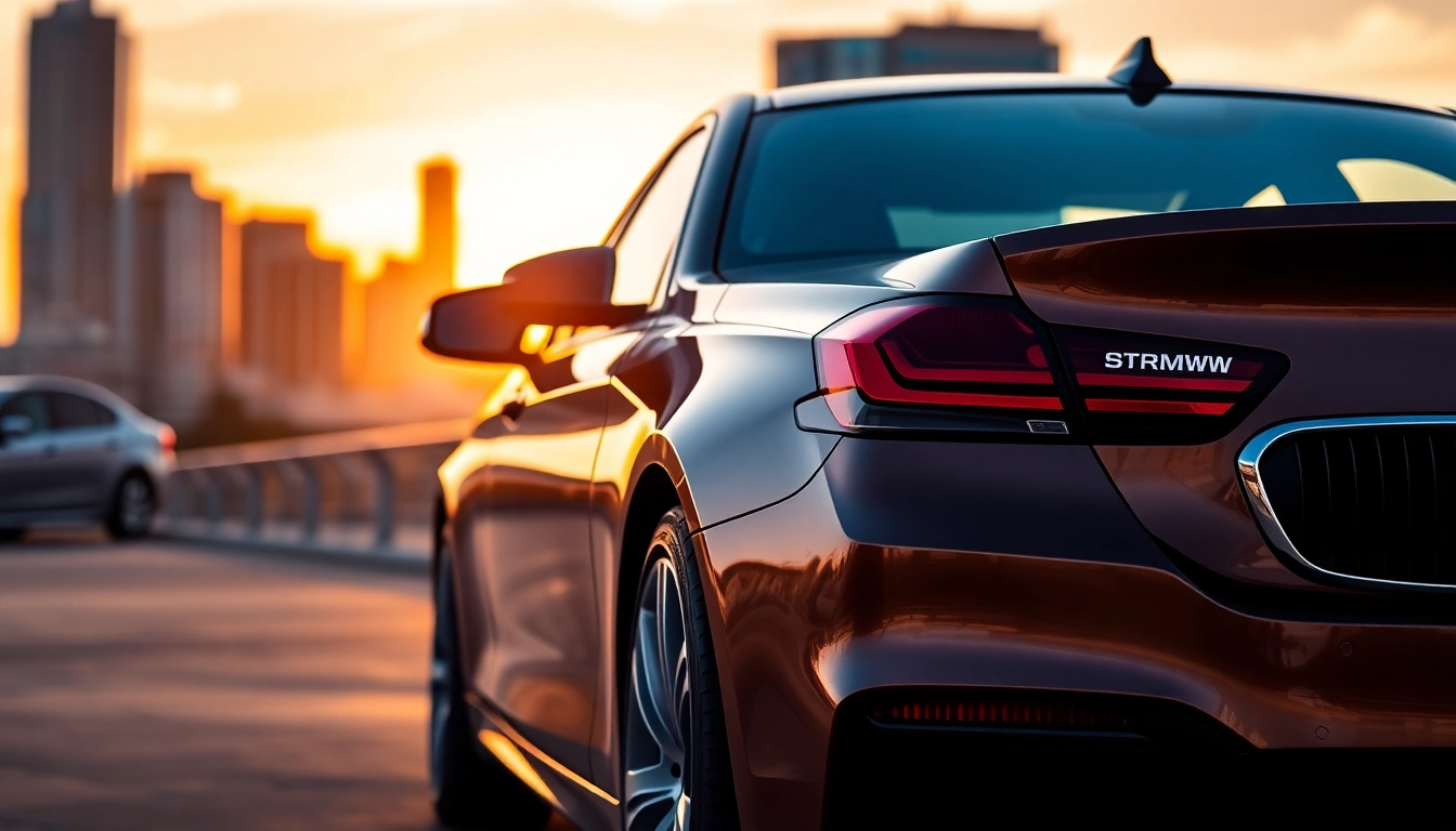 Luxury BMW car gleaming in sunset, highlighting its sleek design and urban elegance.
