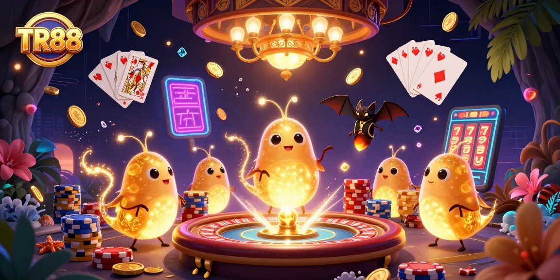 TR88 illuminates a vibrant cave casino scene with glowworms and sparkling gems.