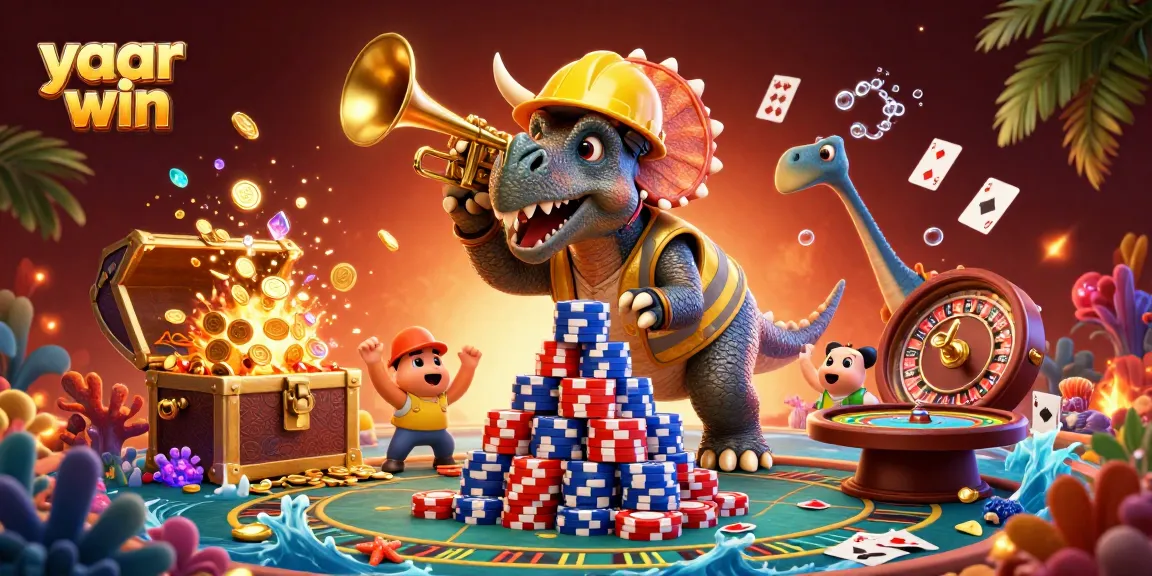 Engage in exciting gameplay with the vibrant yaar win scene featuring a triceratops building poker chip pyramids