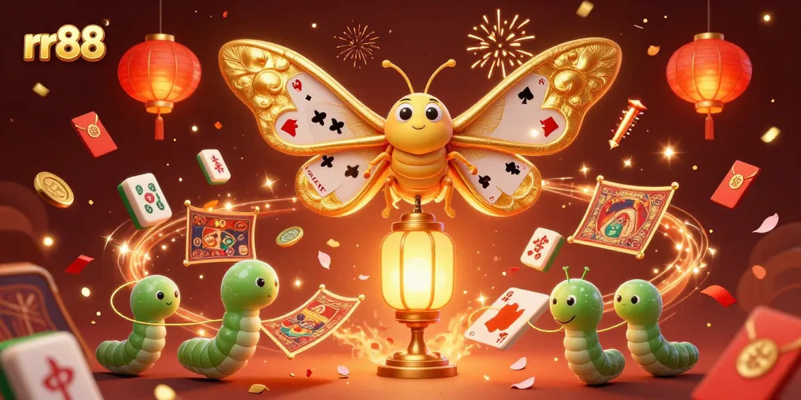 rr88 features a vibrant illustration of a moth and lantern surrounded by casino elements.