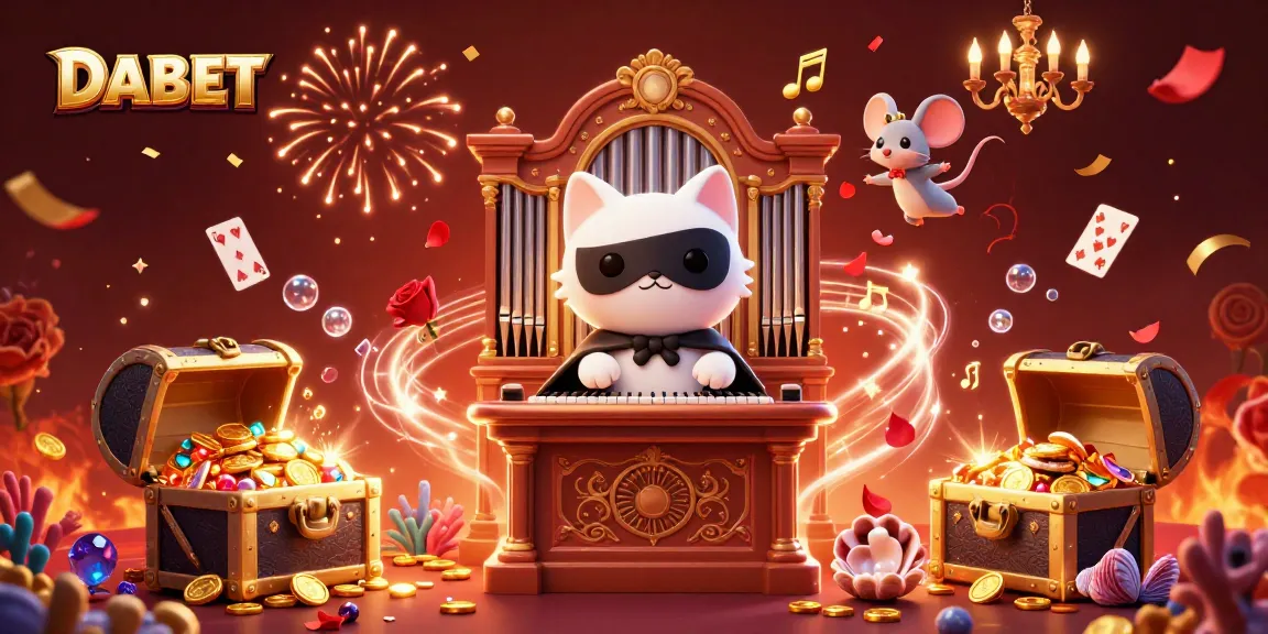 DABET reveals casino excitement with a cartoon cat at an organ, mouse acrobat, and treasure bursts.