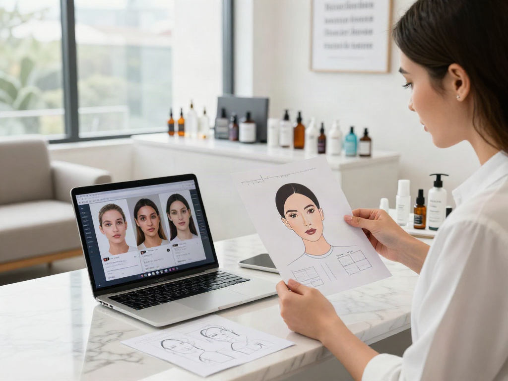 Exploring alternatives to QOVES with professional beauty consultant reviewing facial analysis services.