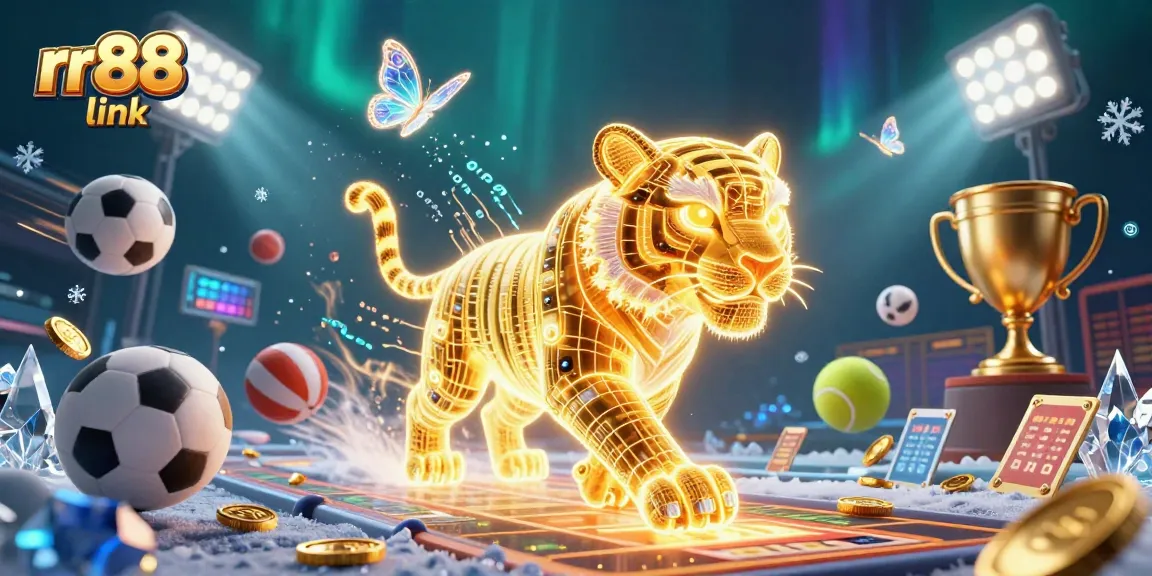 Experience the excitement at rr88 link with a dynamic digital casino featuring a neon tiger and sports elements.