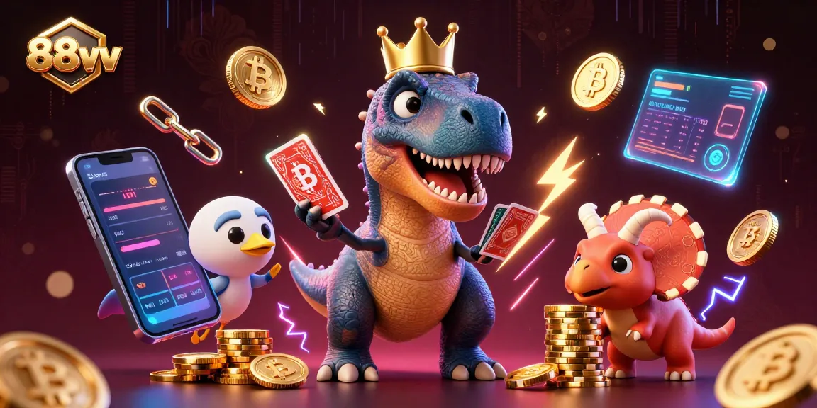 Engage with 88vv's vibrant 3D illustration showcasing a friendly T-Rex and pterodactyl in a lively casino setting.