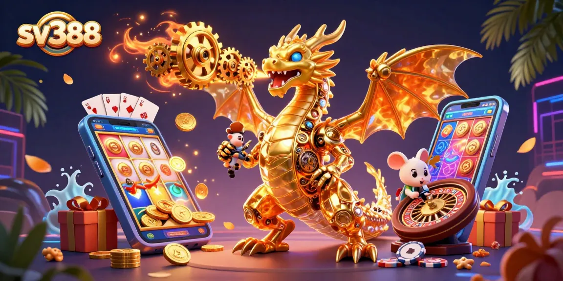 Engage in thrilling SV388 cockfighting action with a vivid 3D illustration showcasing a golden dragon and gaming elements.