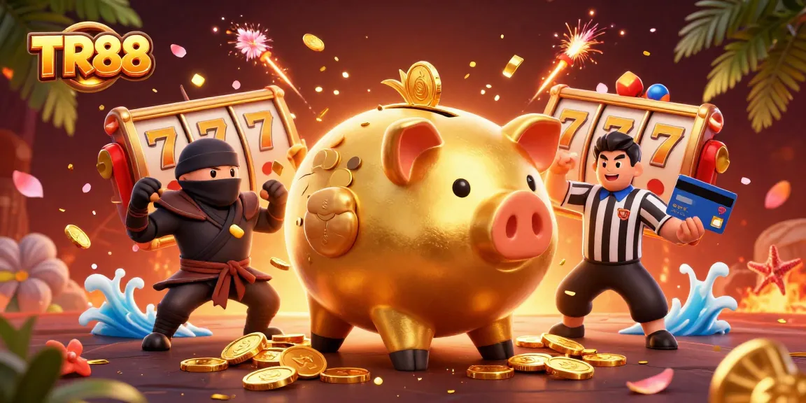 Experience the thrill of TR88 with a vibrant gaming scene featuring a golden piggy bank and dynamic elements.