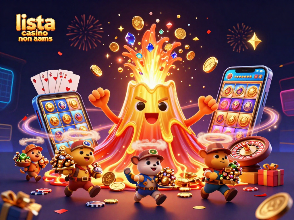 Vinci con la lista casino non AAMS: illustrazione divertente di un vulcano d'oro che erutta tesori e gioielli.