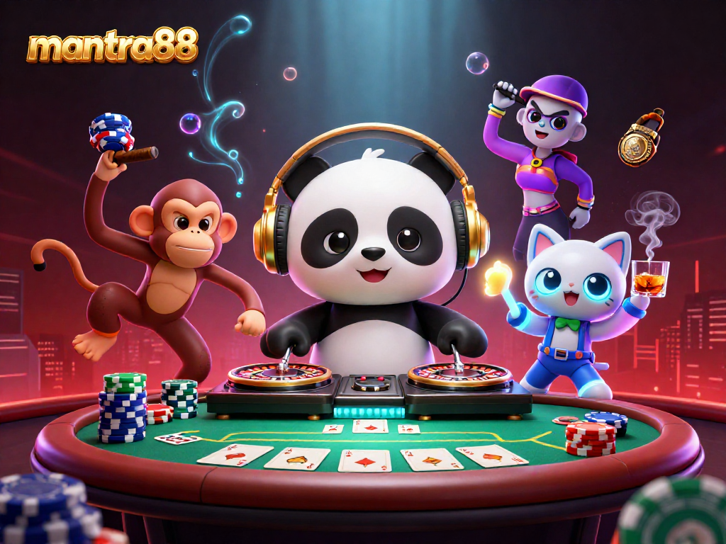 Experience the excitement of mantra88 with vibrant casino characters, poker action, and lively atmosphere.