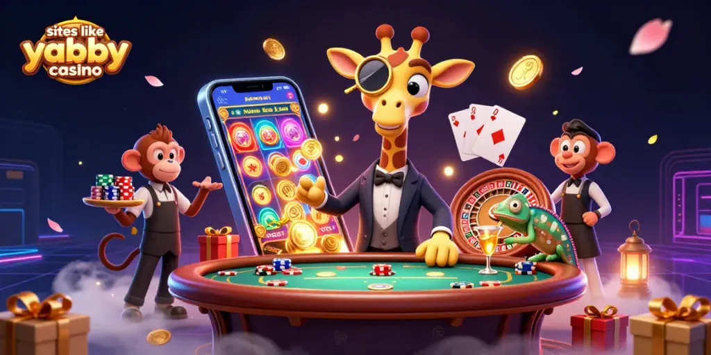 Spin and win at sites like yabby casino, featuring a giraffe at a poker table with vibrant casino elements.