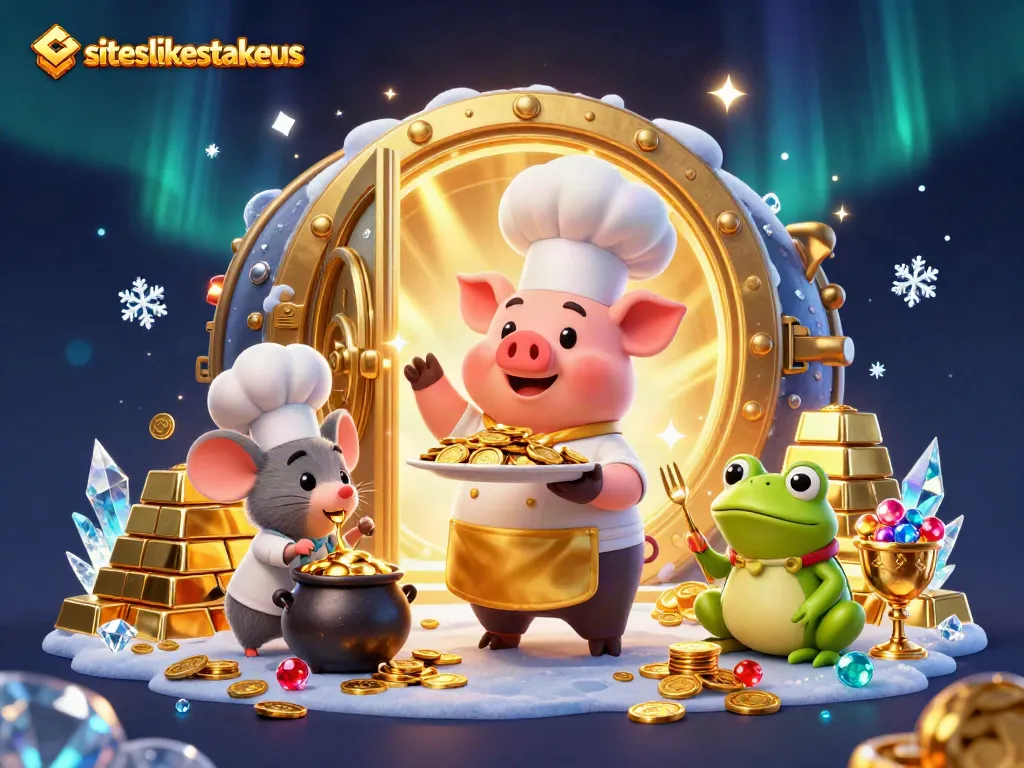 Engage with siteslikestakeus through this vibrant casino illustration showcasing a gourmet feast of gold coins.