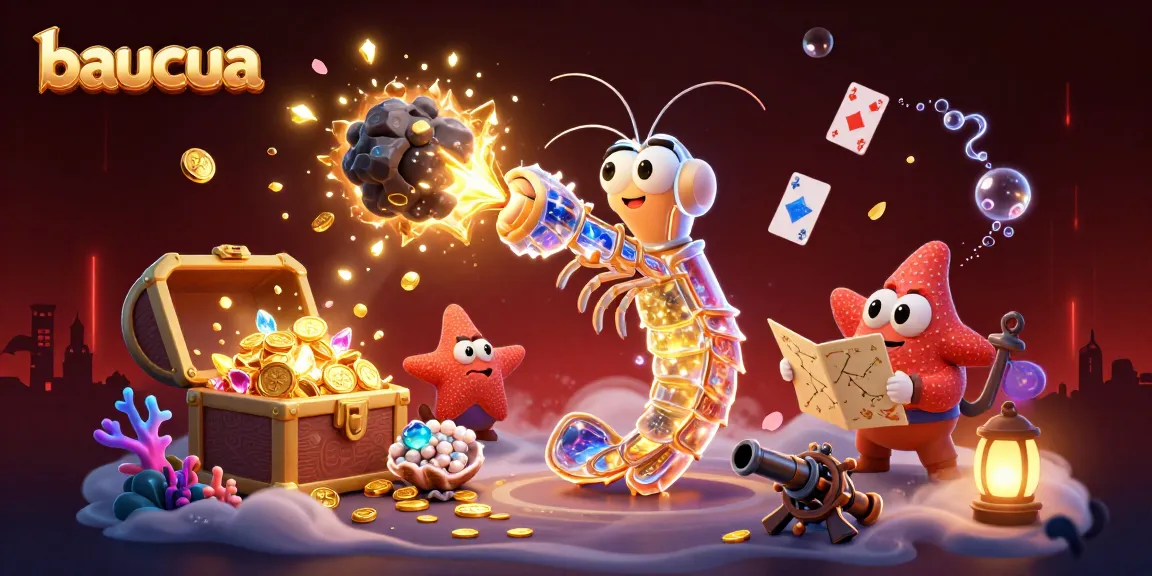 Baucua game scene showcasing a galactic shrimp smashing an asteroid into gems, surrounded by casino elements.