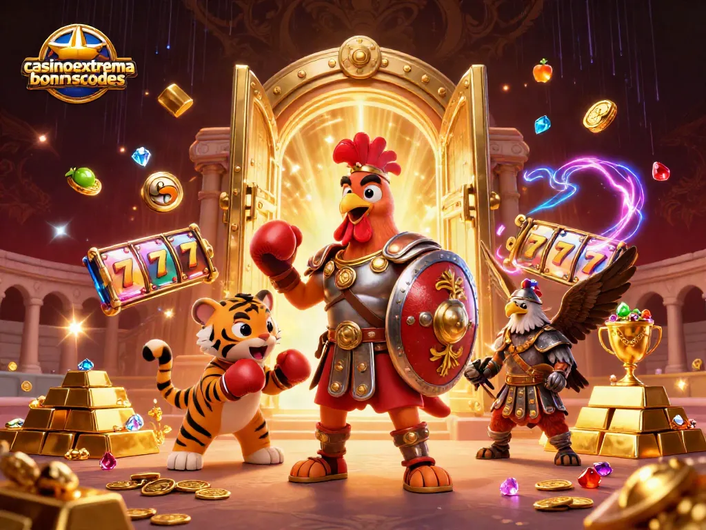 Engage with casinoextremebonuscodes' thrilling bonuses in an energetic scene featuring a gladiator rooster.