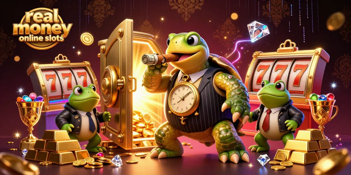 Experience real money online slots with our vibrant, cartoonish casino illustrated scene.