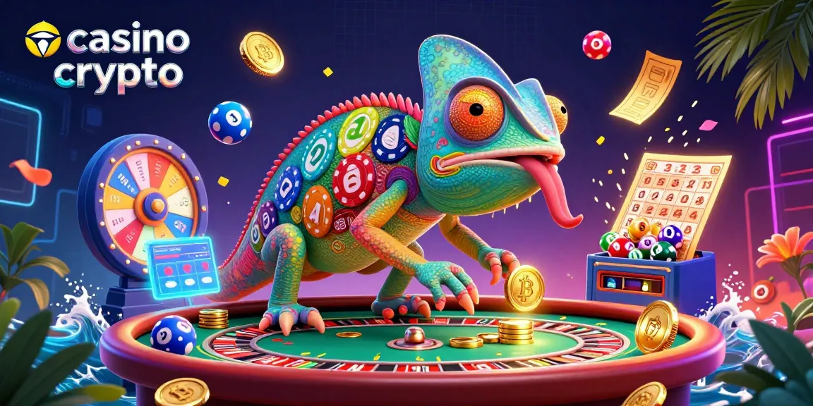 Disfruta de la emoción del casino crypto con una ilustración vibrante de un camaleón propietario rodeado de monedas doradas.