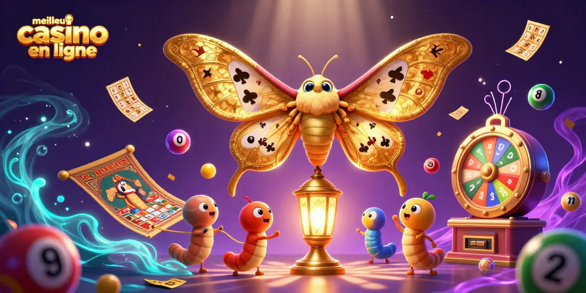 Illustration dynamique "meilleur casino en ligne" avec un papillon et des boules de loterie colorées.