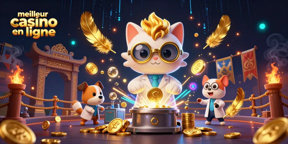 Découvrez le meilleur casino en ligne avec le scientifique fou et son assistant, entourés de pièces d'or et d'effets lumineux.
