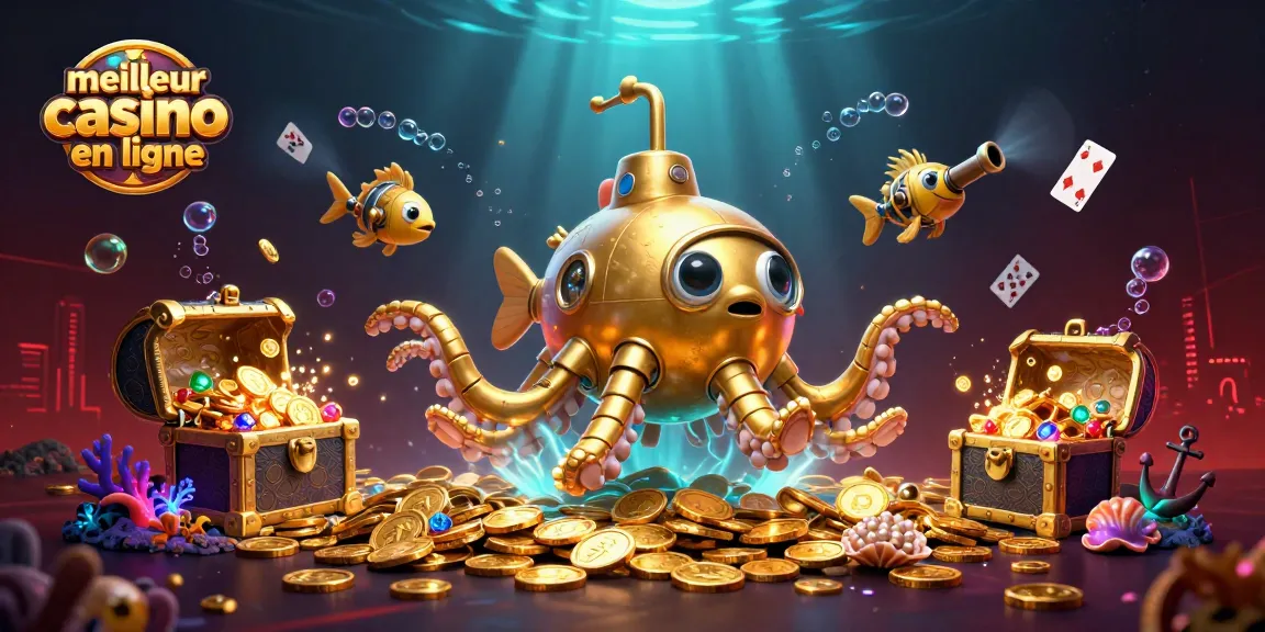 Explorez le meilleur casino en ligne avec une illustration dynamique de créatures marines et de trésors