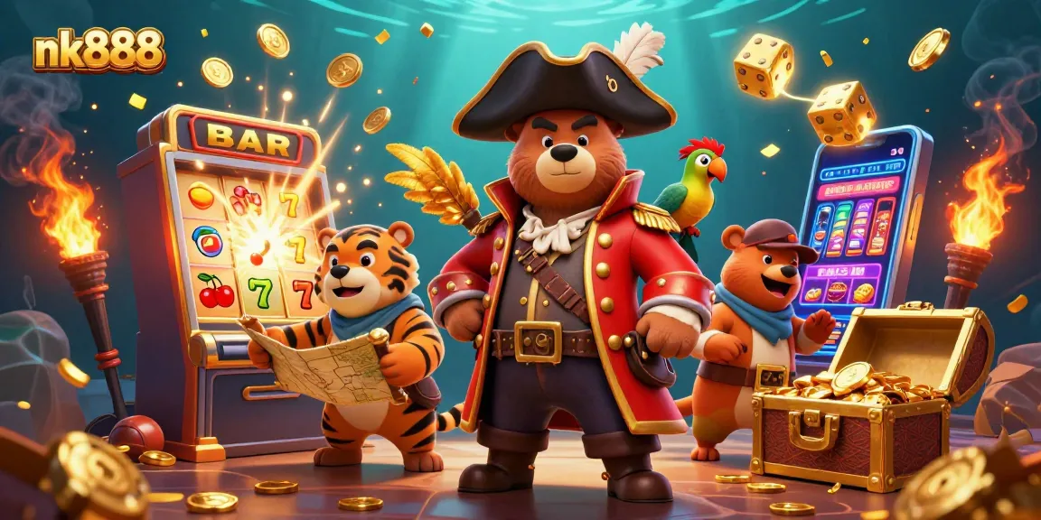 Spin the reels and discover bonuses at nk888, featuring vibrant 3D characters and casino elements.
