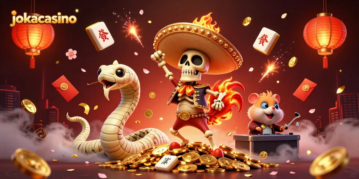 Experience the thrill of jokacasino with festive characters celebrating amidst rich casino elements.