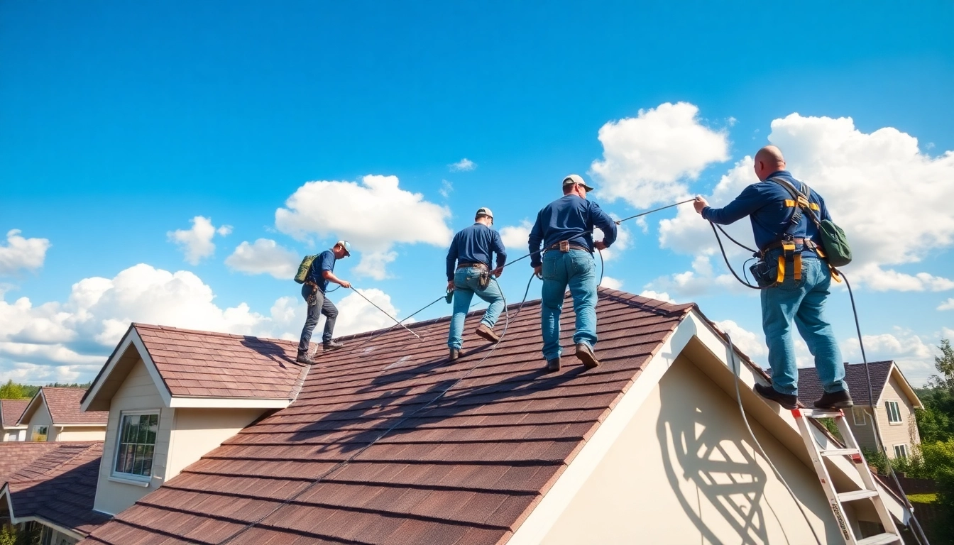 Efficient Roof Cleaning service showcasing skilled technicians at work on a residential roof.