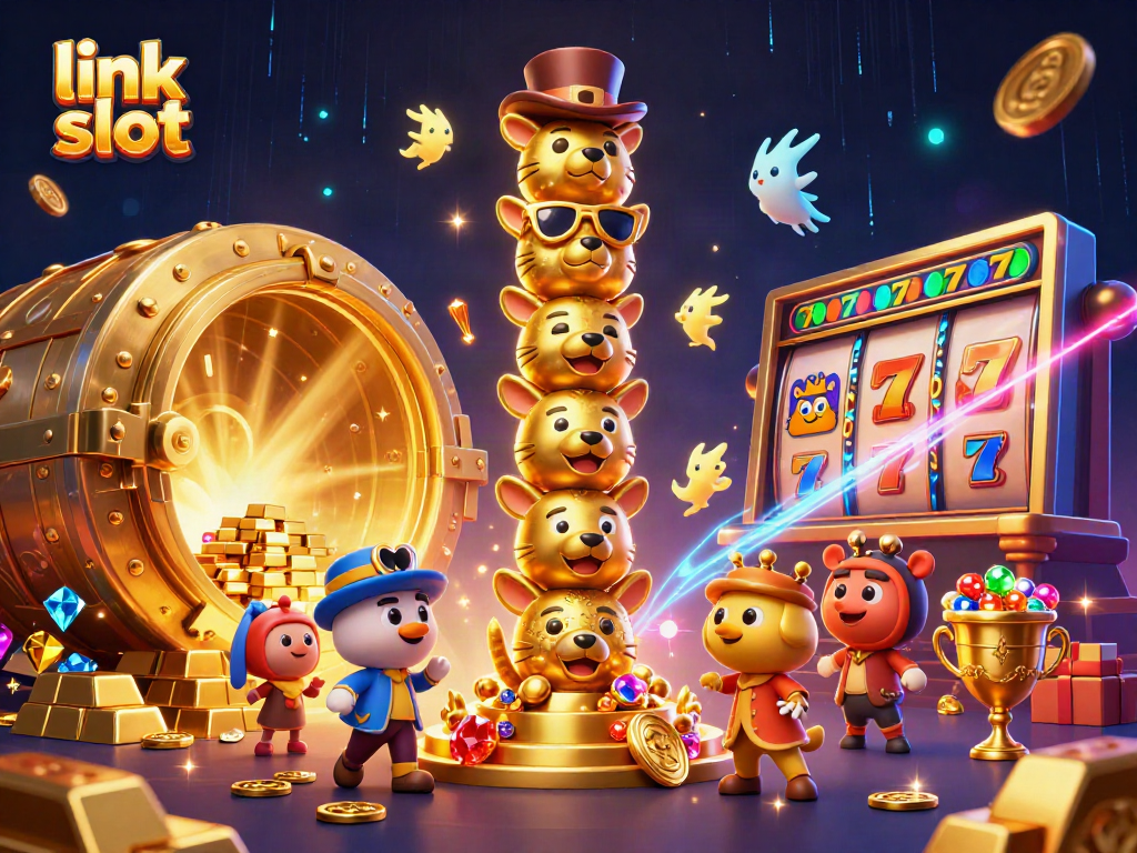 Experience the thrill of winning with link slot in this vibrant 3D casino illustration featuring gold and jewels.