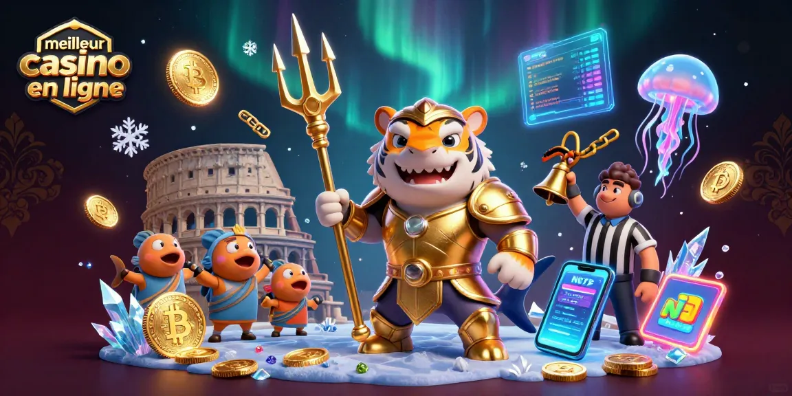 Découvrez le meilleur casino en ligne avec une illustration dynamique du tigre requin en armure dorée maniant un trident.