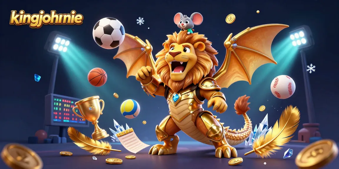 kingjohnnie enchants players with a vibrant casino scene featuring a victorious chimera and sports elements.