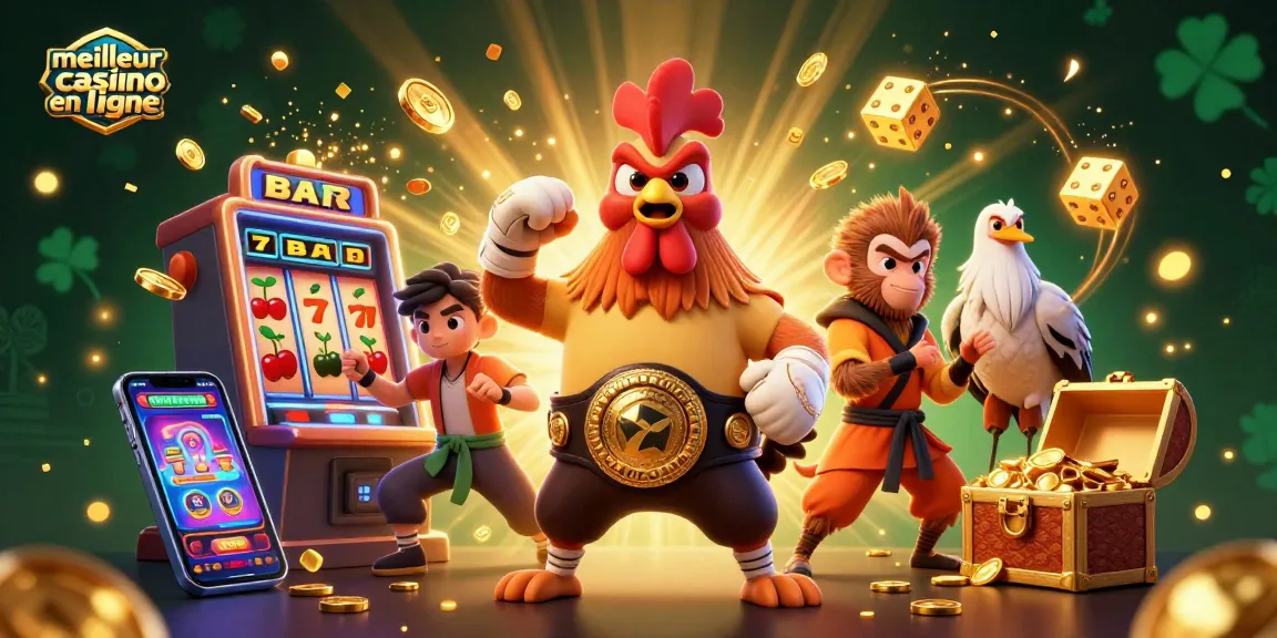 Activités passionnantes dans le meilleur casino en ligne avec des personnages de combat, machines à sous, et jeux colorés.