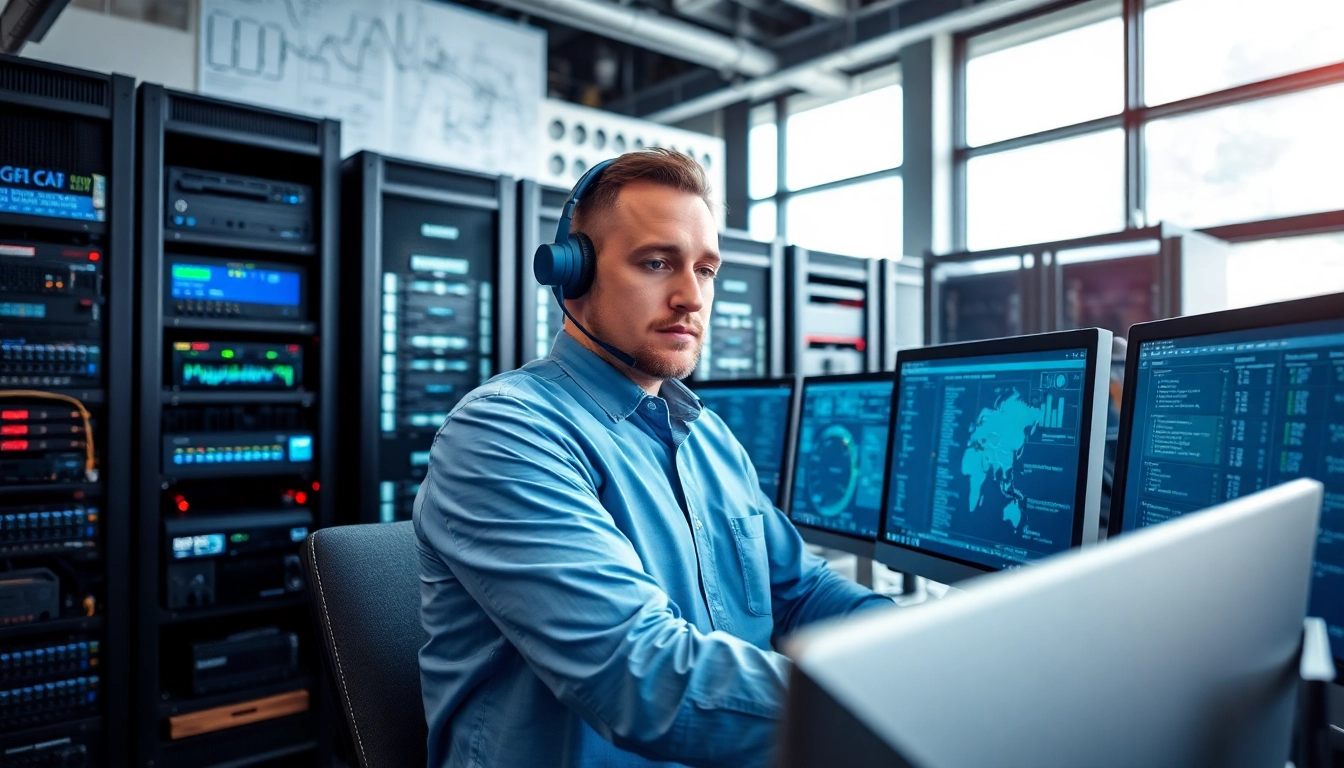 Business IT support technician analyzing data in a modern office environment.