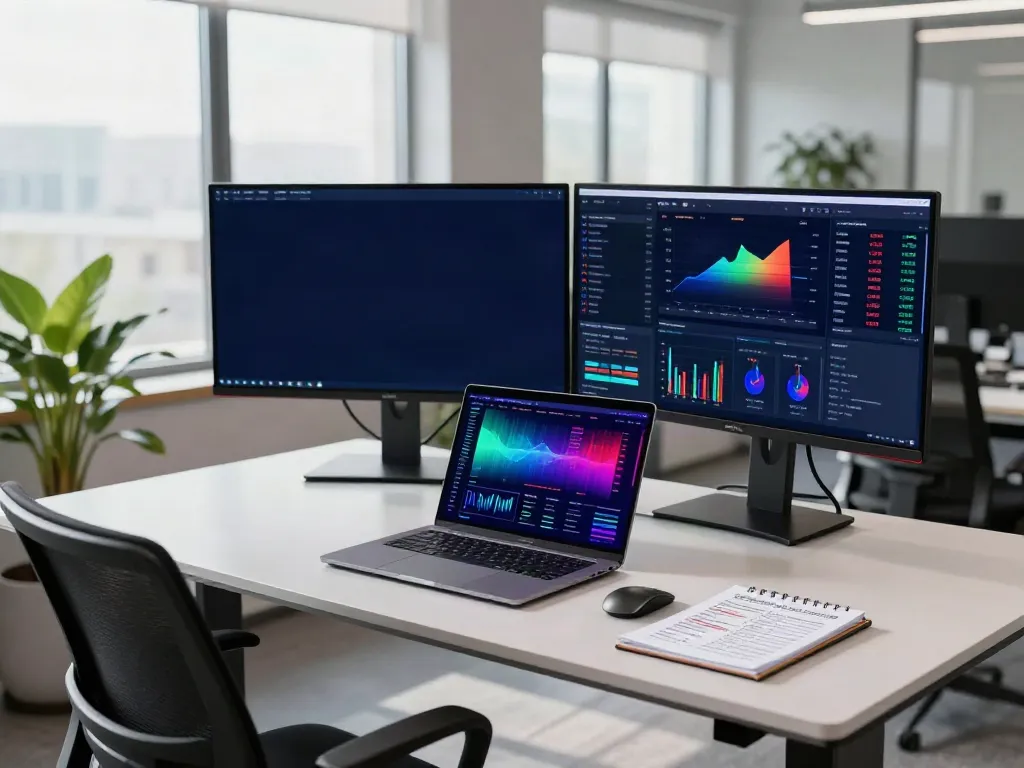Dynamic crypto trading setup featuring a market data API for quantitative trading on multiple screens, showcasing innovative technology.