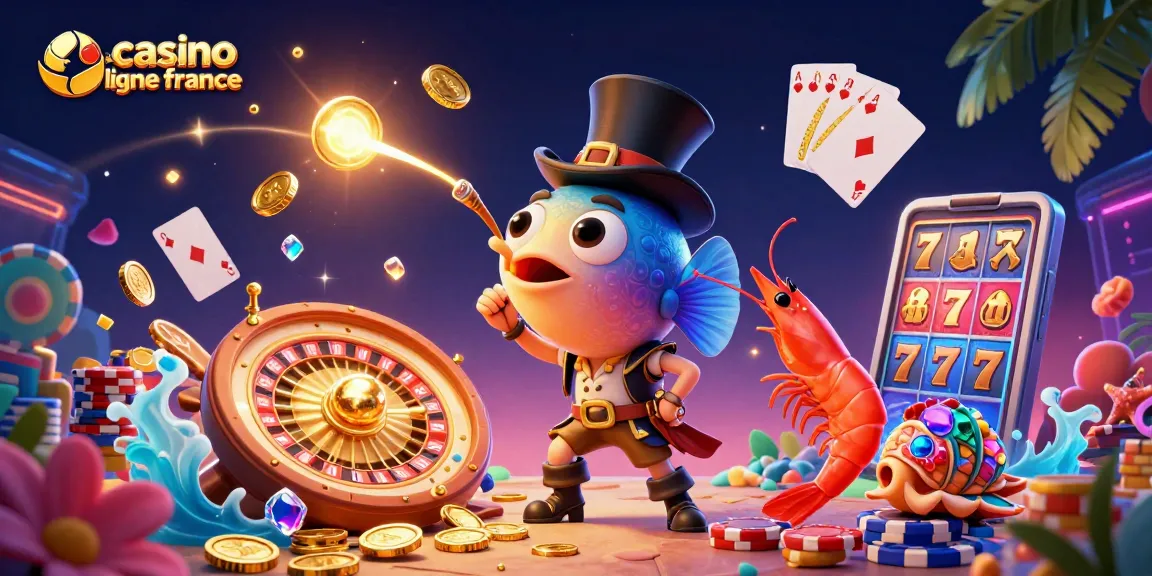 Illustration 3D animée de casino en ligne France avec des personnages marins et éléments de jeu
