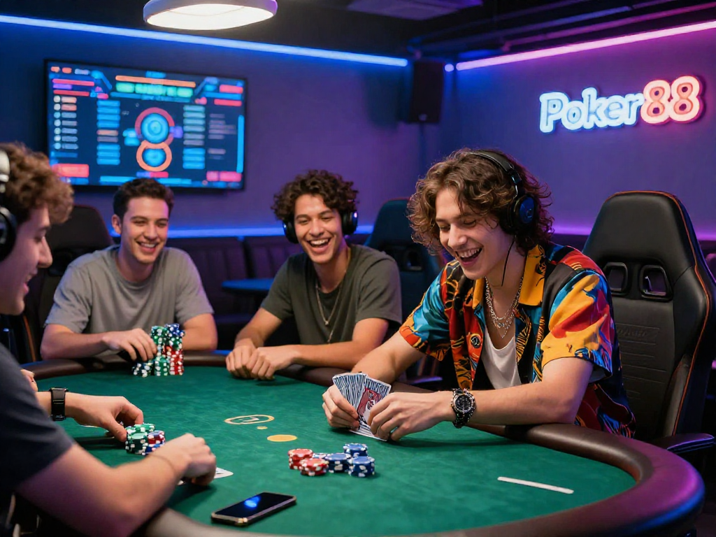 Exciting Poker88 gaming experience with friends at a modern lounge, vibrant atmosphere and competitive spirit.