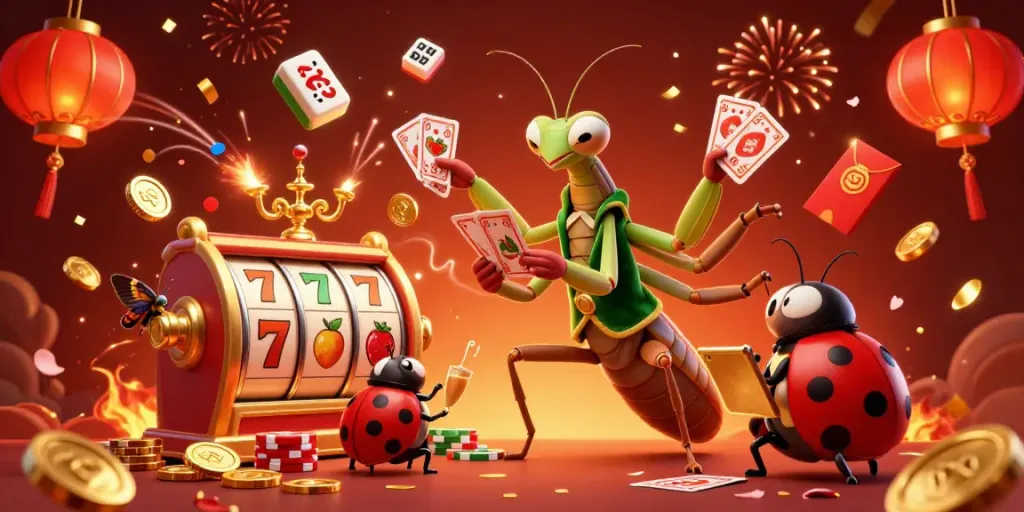 Permainan slot dengan karakter menarik, chip, dan kembang api yang meriah.