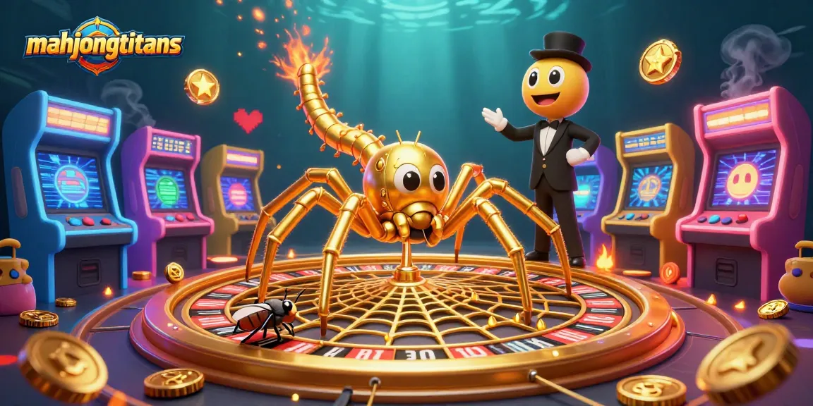 Engage with mahjongtitans as a fly nervously bets by a roulette-shaped web spun by a golden spider in a vibrant scene.