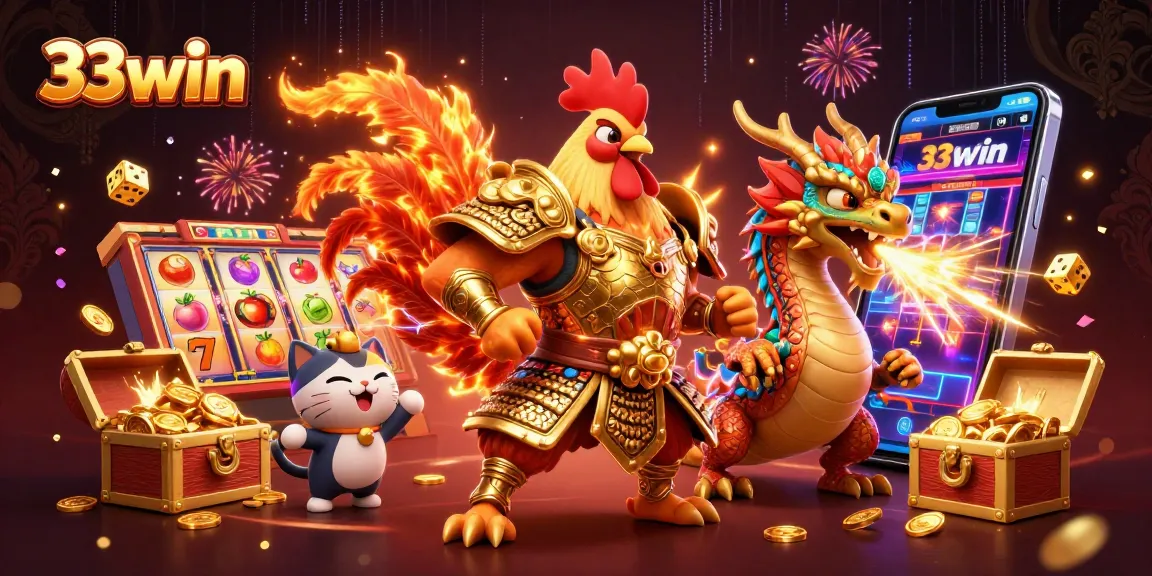 Join the action at 33win with vibrant slot machines and fierce characters in a dynamic casino scene.