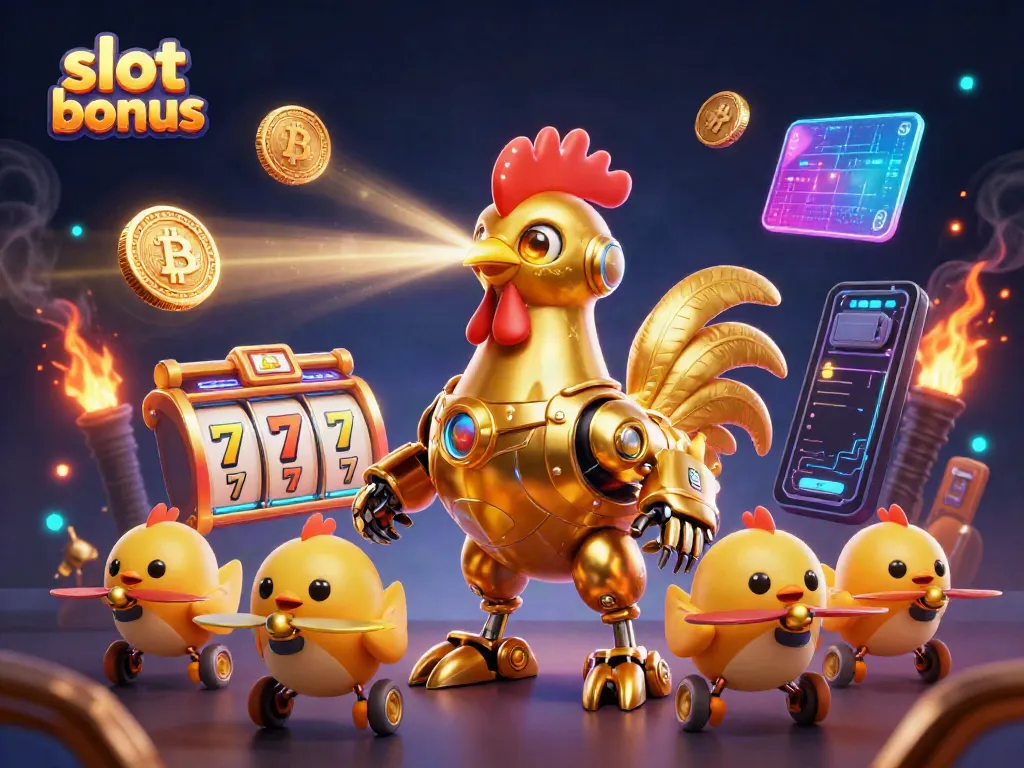 Join in the excitement with the captivating slot bonus scene, featuring a golden rooster robot and baby chick drones.