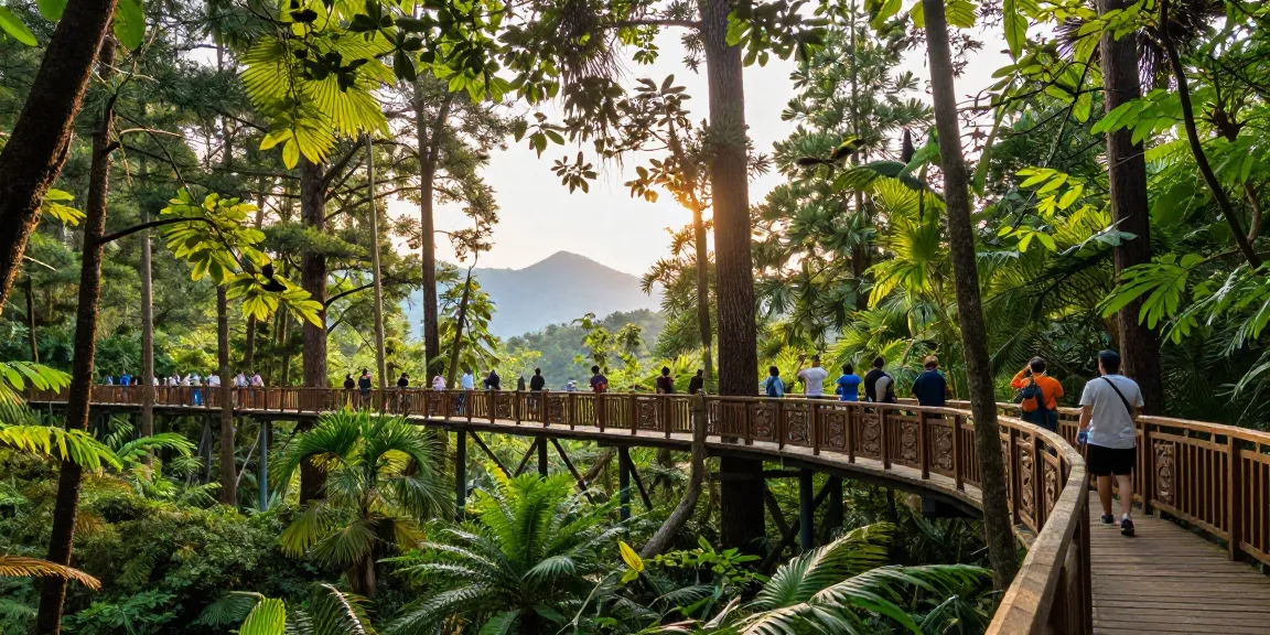 Treetop Walkway in a forest with visitors enjoying nature and vibrant foliage during golden hour.