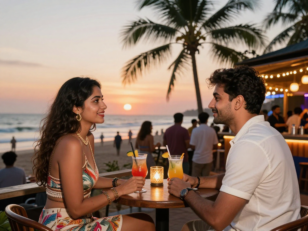Goa escorts enjoying a lively beachside bar atmosphere, showcasing beauty and elegance.