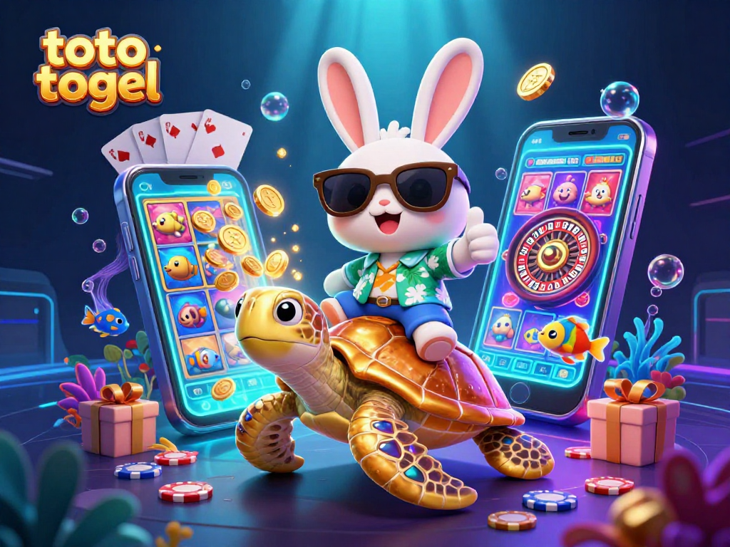 Spin colorful slot games with toto togel alongside a lucky rabbit and a golden sea turtle.
