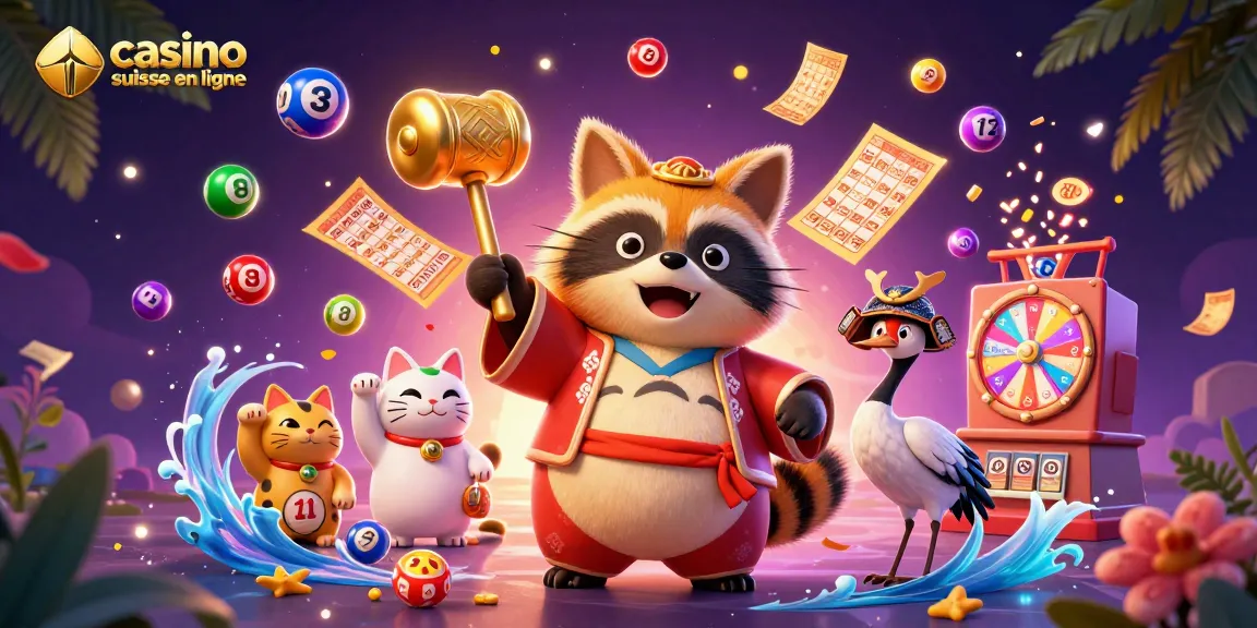 Casino suisse en ligne, découvrez une illustration vibrante avec tanuki et maneki-neko célébrant des gains.