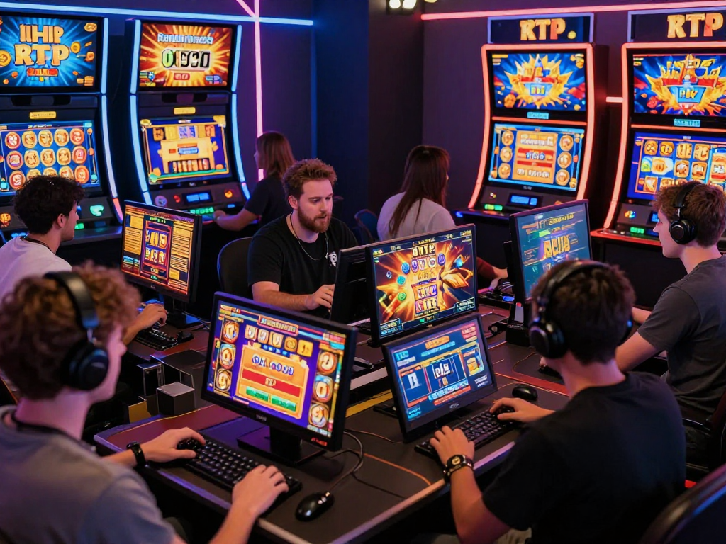 Exciting online gambling scene with players enjoying high RTP games on https://www.benmillerband.com/ devices amidst vibrant graphics and neon lights.