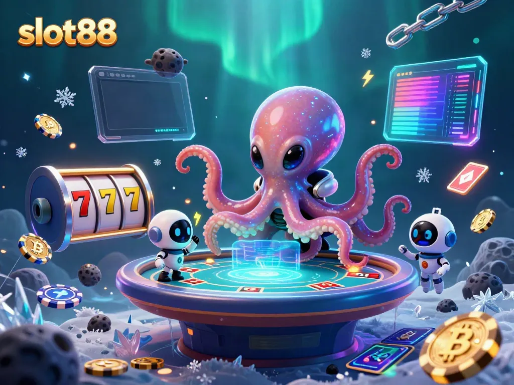 Engage with slot88 reels now with this dynamic illustration featuring alien characters and holographic casino elements.