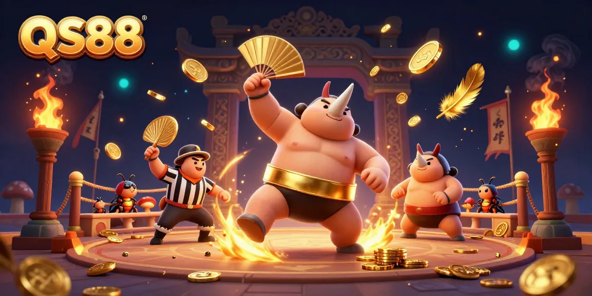 Experience slots action at QS88 with a sumo beetle champion and vibrant casino scenes.